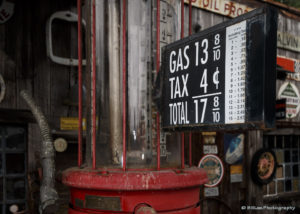 An old gravity pump, showing gas at less than 18¢/gallon.